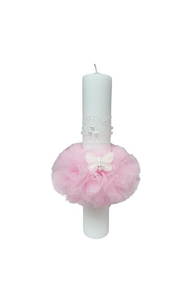 OEM Lumânare de botez, decorată cu tul și fluture, 35 cm, roz