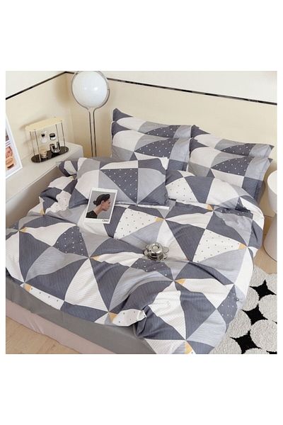 OEM Lenjerie pat dublu, 6 piese, 2 persoane, 240x250cm, Material Bumbac Satinat, imprimeu Triunghiuri, A