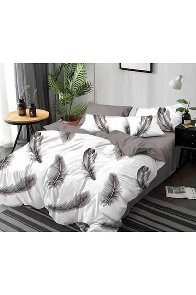 OEM Double Bed Linen Set, Feather Print, 6 Pieces, 2 People, 245x250cm, Finet, Grey-White