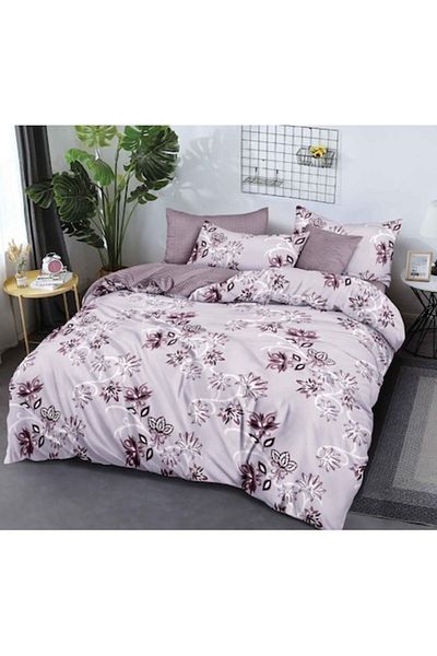 OEM Set lenjerie de pat dublu, 6 piese, 2 persoane, 180x200cm, Finet, imprimeu floral, liliac