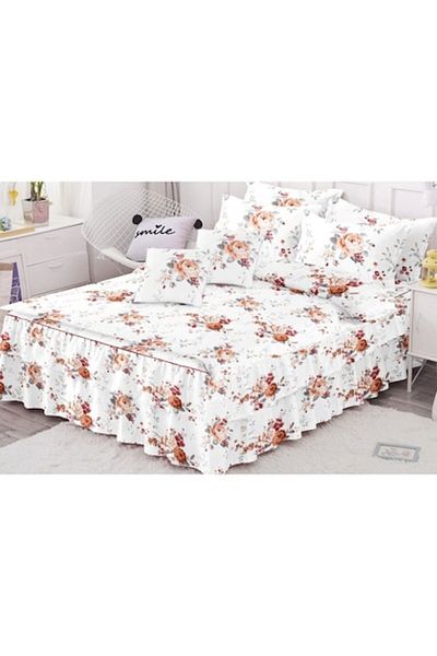 OEM Double bed linen, fitted sheet with ruffles, Finet, 6 pieces, for 2 persons, 200x230cm, White-Beige