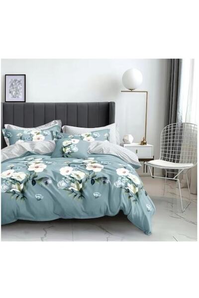OEM Lenjerie de pat dublu, 6 piese, 2 persoane, 180x200 cm, Imprimeu flori frumoase albe, multicolor