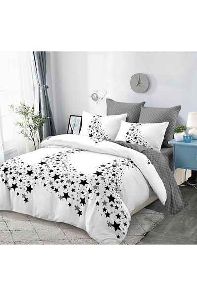 OEM Double Bed Linen Set, Spring, Elastic Sheet, 6 Pieces, 2 Persons, 180x200cm, Finet, Stars, White-Gra