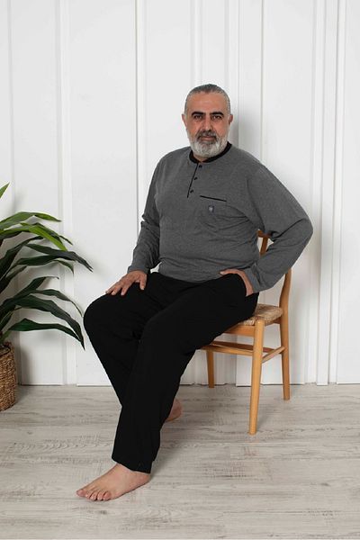 KAPİTEX Plus Size Long Sleeve Six Pocket Anthracite Melange Color Men's Pajama Set