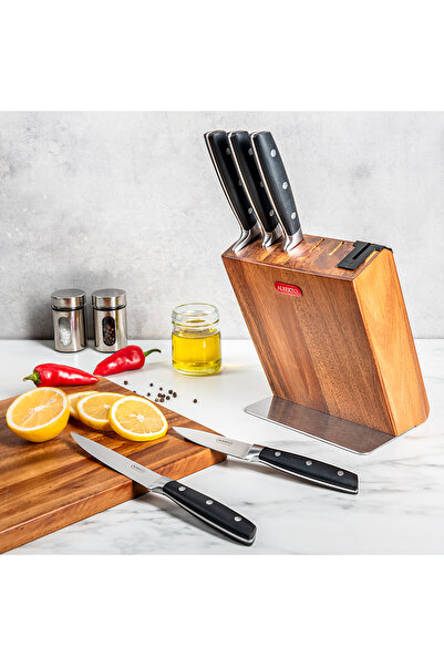 Alberto مجموعة سكاكين من الفولاذ المقاوم للصدأ مع كتلة سكاكين خشبية ومبراة 5 قطع