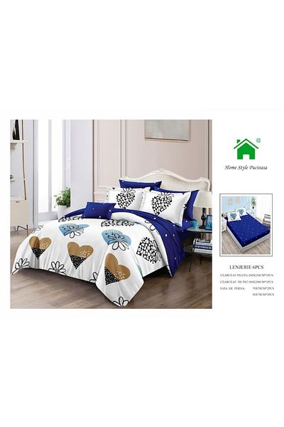 OEM Double Bed Linen Set, 6 Pieces, 2 Persons, 180x200 cm, Hearts and Flowers Print, Multicolor