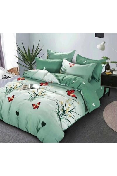 OEM Double bed linen set, 6 pieces, 2 persons, 245x250 cm, butterfly and heart print, multicolor