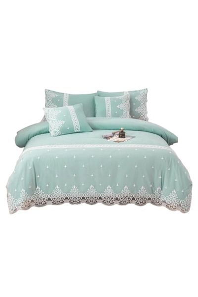 OEM Set de lenjerie elegantă, bumbac fin cu dantelă, 6 piese, pentru 2 persoane, 180x200cm, bicolor alb-turcoaz