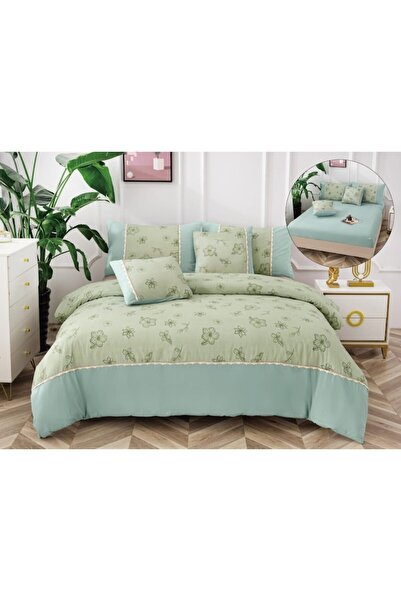 OEM Double Bed Linen, Floral Print, 6 Pieces, 2 People, 180x200cm, Green Duck Egg