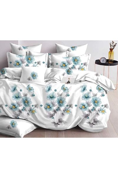OEM Set de lenjerie de pat dublă, imprimeu floral, cearșaf reversibil, 6 piese, 230x245cm, Finet, alb-albastru cer