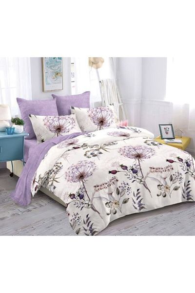 OEM Lenjerie de Pat, Finet, 6 piese, 2 persoane, 230x250cm, Imprimeu Inimi, Ivoire-Lila