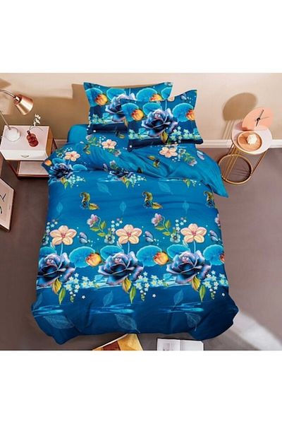 OEM Lenjerie de pat, Finet, Imprimeu 3D Multiplicat, 4 piese, 1 persoana, 155x200cm, Trandafiri Albastri