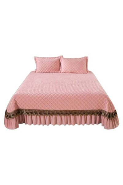 JOJO HOME Bedspread and 2 Pillow Cases, Velvet Quilted with Golden Embroidery, Jojo Home, 3 Pieces, Double, Un