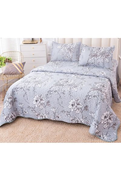 OEM Cuvertura de pat, Bumbac si IN, 3 piese, 2 persoane, 230x250cm, Imprimeu Flori Albe, Multicolor