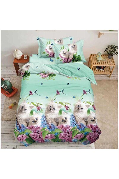 OEM Lenjerie de pat, Finet, Imprimeu 3D Multiplicat, 4 piese, 1 persoana, 155x200cm, Pisicute, Multicolo