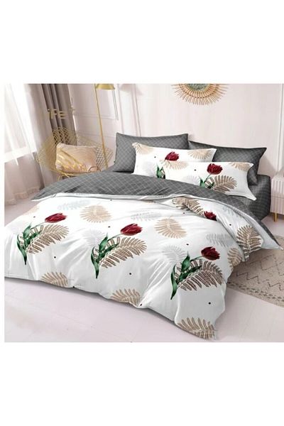 OEM Double Bedding Set, 6 Pieces, 2 People, 180x200 cm, Tulip and Leaf Print, Multicolor