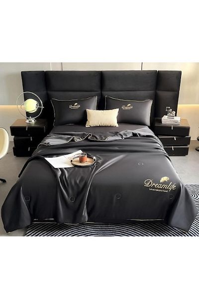 OEM Cearșaf de pat dublu cu pilotă de vară, Uni, 4 piese, 2 persoane, 240x245cm, Mătase, negru