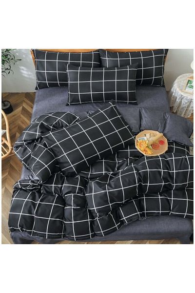 OEM Reversible Bedding Set, Elastic Sheet, Finet Pattern, 1 Person, 4 Pieces, 140x200cm, Dark Gray-White