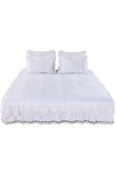 OEM Cuvertura si 2 fete de perna, Catifea Lux si Volanase, Uni, 3 piese, 2 persoane, 180x200cm, Alb