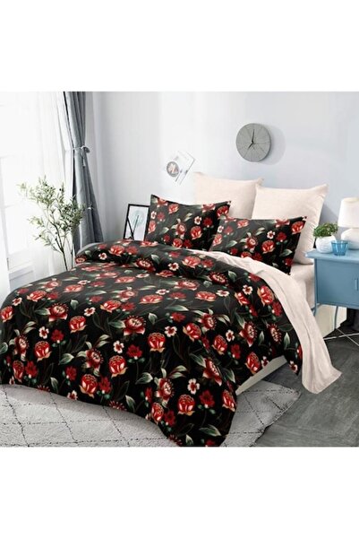 OEM Lenjerie de pat, Finet, 6 piese, 2 persoane, Imprimeu Flori Rosi, 230x250...