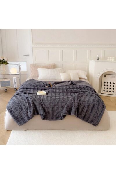 OEM Patura, imitatie de iepure, 200x240 cm uni, gri inchis