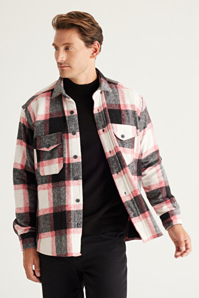 AC&Co / Altınyıldız Classics Men's Red-black Oversize Loose Cut Button Collar Winter Shirt Jacket