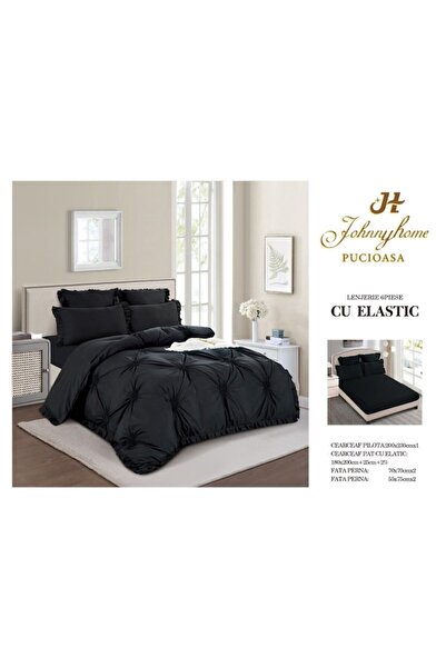 OEM Lenjerie de pat dublu, Uni, Model Inimi Brodate, 6 piese, Finet, 180X200cm, Negru