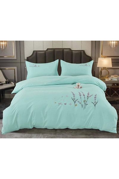 OEM Double Bed Embroidered Bedding Set, Finet, Uni, 4 Pieces, 245x250cm, Duck Egg Green