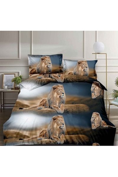 OEM Double Bed Linen, Lion Print, 4 Pieces, Satin Cotton, Multicolor