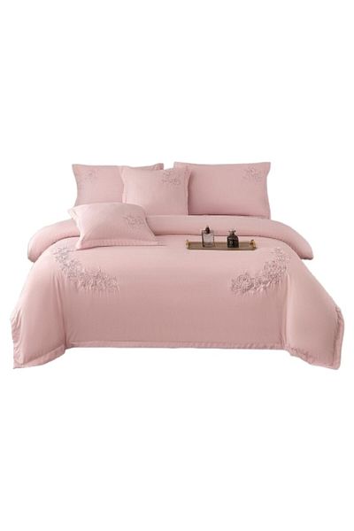 OEM Luxury Bedding Set, Fine Smooth Cotton, Embroidered Design, 6 Pieces, 2 Persons, 180x200cm, Pink