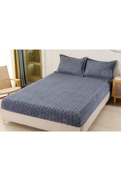 OEM Husa de pat Cocolino si 2 fete de perna, tip Tricot, Uni, 3 piese, 2 persoane, 180x200cm, Albastru