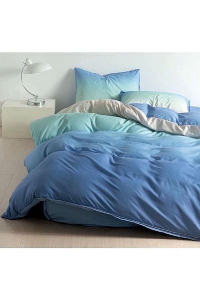 OEM Lenjerie de pat, Finet, Degrade, 4 piese, 1 persoana, 155x200cm, Albastru-Turcoaz