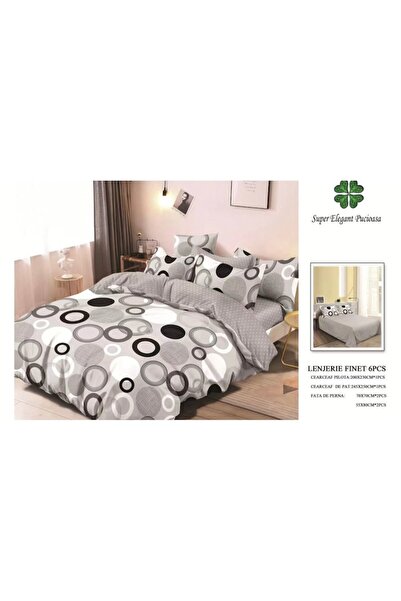 OEM Double Bedding Set, 2 Persons, Pucioasa, Cotton, Finet, 6 Pieces, White/Grey, Circles Pattern