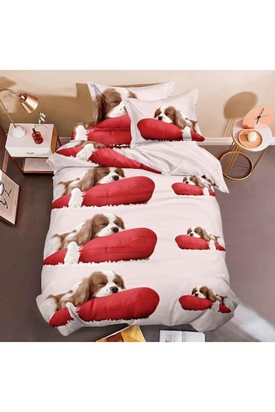 OEM Lenjerie de pat, Finet, Imprimeu 3D Multiplicat, 4 piese, 1 persoana, 155x200cm, Sute Dog, Multicolo