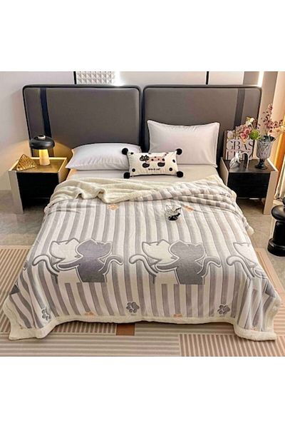 JOJO HOME Fleece Blanket, Jojo Home, 2 People, 200x230cm, Cat Couple, Grey-White