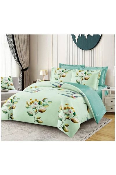 OEM Double bed linen set, 6 pieces, 2 persons 180x200 cm, leaf print on green background, multicolor