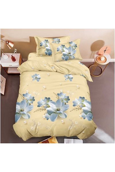 OEM Lenjerie de pat, Finet, Imprimeu 3D Multiplicat, 4 piese, 1 persoana, 155x200cm, Flori Albe, Alb-Bej