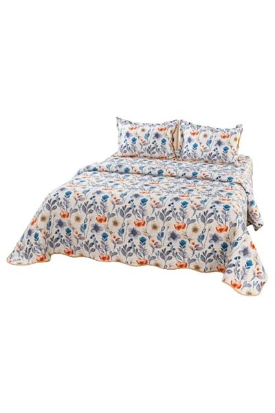 OEM Cuvertura de pat, Microfibra, 3 piese, 2 persoane, 220x240cm, Imprimeu Flori Bicolore, Multicolor
