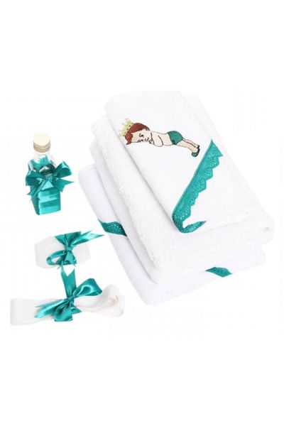 OEM Set botez băieți, 7 piese, brodat, Prinț dulce, alb-verde închis