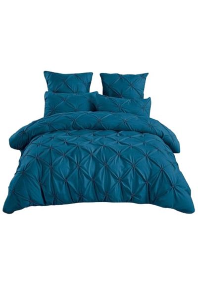 OEM Set de lenjerie de pat de lux, culoare uni, pliuri brodate, 6 piese, Finet, 235x240cm, turcoaz închis