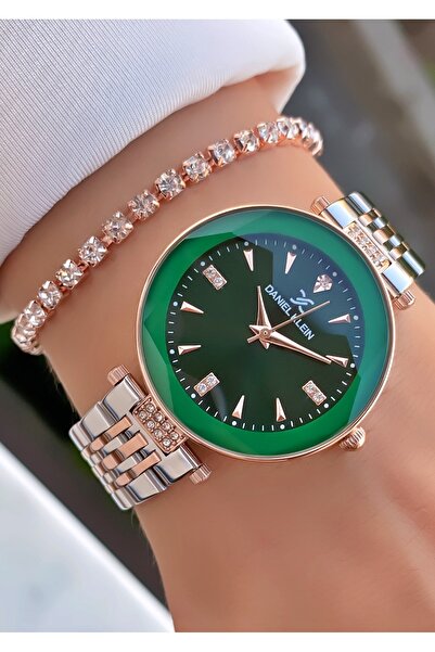 Daniel Klein Yeşil Kadranlı Kadın Kol Saati ve Su Yolu Taşlı Bileklik Seti | Çelik Kordon | Rose-Gold Detaylı
