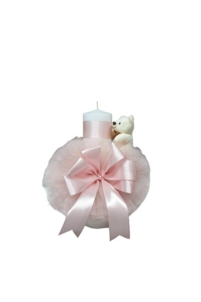 OEM Λαμπάδα βάπτισης, διακοσμημένη με Τούλι και Πελούς αρκουδάκι, 30εκ., Ροζ ...