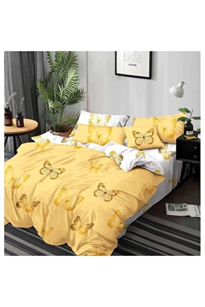 OEM Set de lenjerie de pat dublă, 6 piese, imprimeu cu fluturi pe fundal galb...