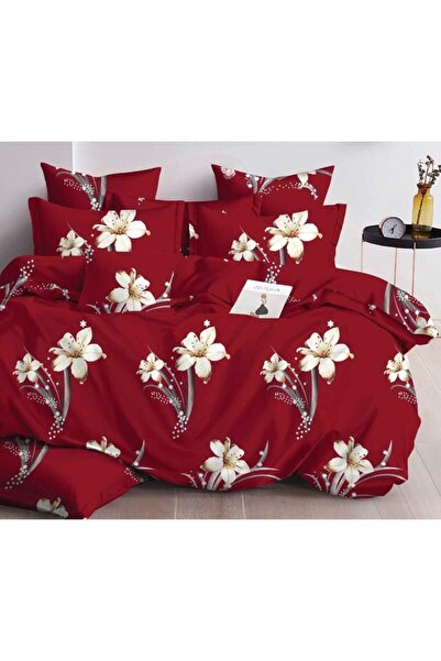 OEM Double Bed Linen Set, Lily Print, Reversible Sheet, 6 Pieces, 230x245cm, Finet, Red-White