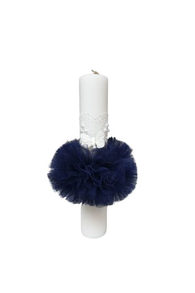 OEM Lumânare de botez, decorată cu tul și fluture, 35 cm, albastru închis