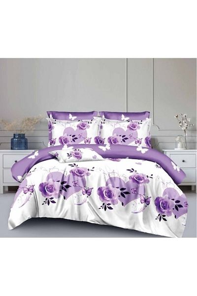 OEM Double Bed Linen Set, 6 Pieces, 180x200 cm, Lilac Heart Print, Multicolor