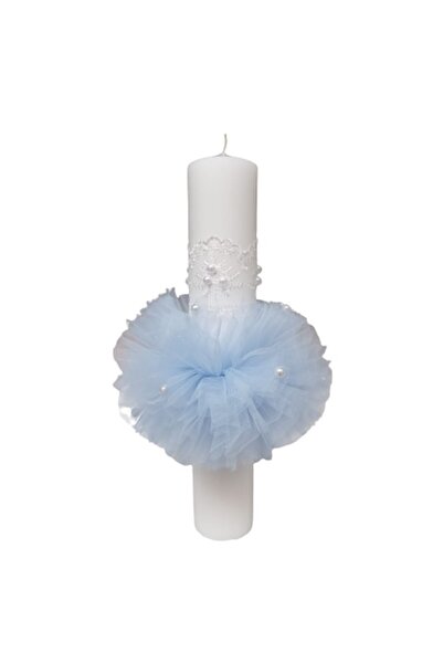 OEM Lumânare de botez, decorată cu tul și perle albe, 35 cm, albastru deschis