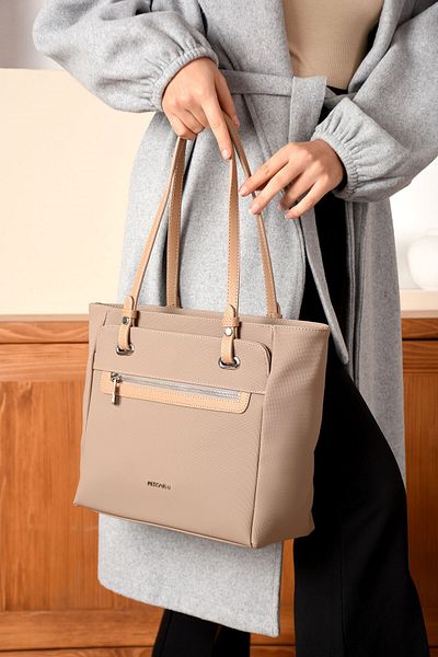 Just Polo Women's Large Size Water Resistant Lakoste Fabric 3 Compartment Mink Hand and Shoulder Bag Pbu2170