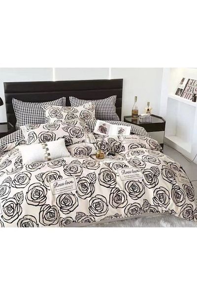 OEM Double bed linen, Finet, 6 pieces, 2 persons, rose print, 250x230cm, Beige-Brown