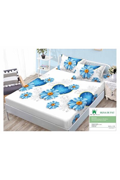 OEM Husa de pat si fete de perna, Finet, 3 piese, 1 persoana, 160x200cm, imprimeu, flori albastre, multi